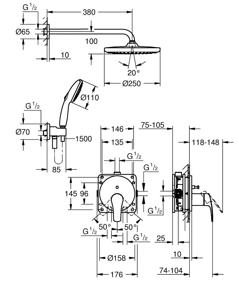 Grohe Eurosmart Duschsystem Unterputz 25288 mit Tempesta 250 (chrom)