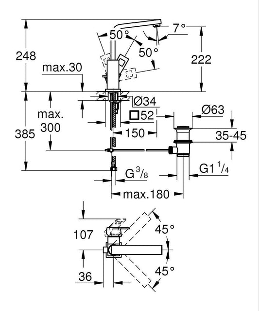 Grohe Eurocube Einhand-Waschtischbatterie 23135, L-Size, EcoJoy, mit Zugstangen-Ablaufgarnitur (chrom)