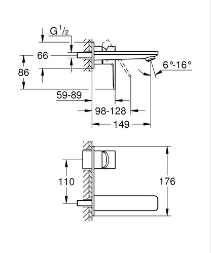 Grohe Lineare 2-Loch-Waschtischbatterie 19409, Wandmontage, Fertigmontageset, Ausladung 149 mm (supersteel)