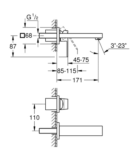 Grohe Eurocube 2-Loch-Waschtischbatterie 19895, Wandmontage, Fertigmontageset, Ausladung 171 mm (supersteel)