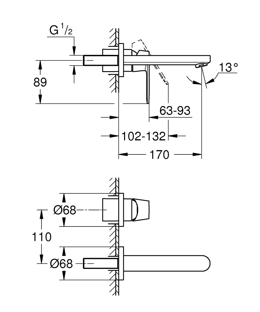 Grohe Eurosmart Cosmopolitan 2-Loch-Waschtischbatterie 19381, Wandmontage, Fertigmontageset für 23571, Ausladung 170 mm (chrom)