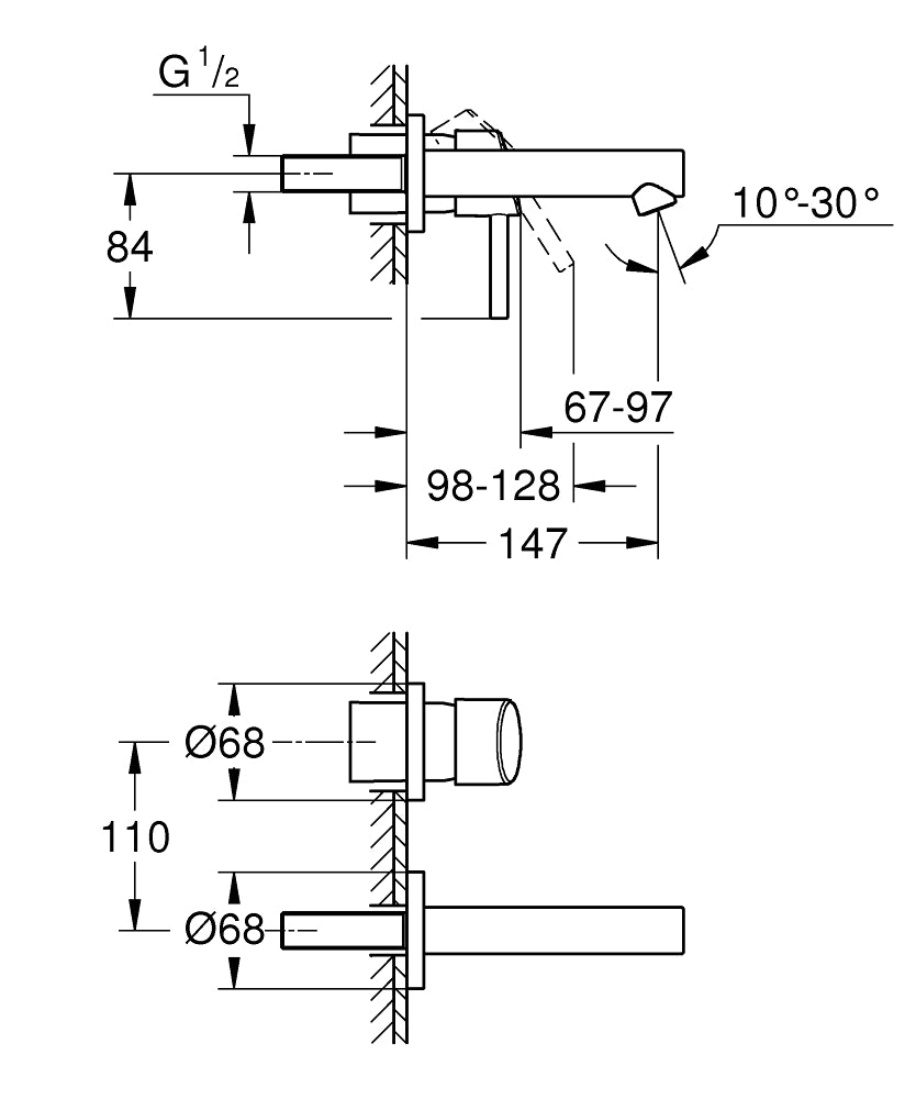 Grohe Concetto 2-Loch-Waschtischbatterie 19575, Wandmontage, Fertigmontageset für 23571, Ausladung 147 mm (chrom)