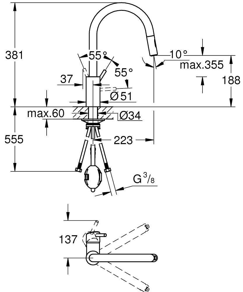 Grohe Concetto Einhand-Spültischbatterie 31483, hoher Auslauf, herausziehbare Dual-Spülbrause (supersteel)