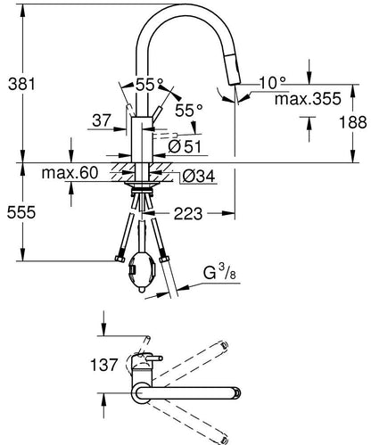 Grohe Concetto Einhand-Spültischbatterie 31483, hoher Auslauf, herausziehbare Dual-Spülbrause (supersteel)