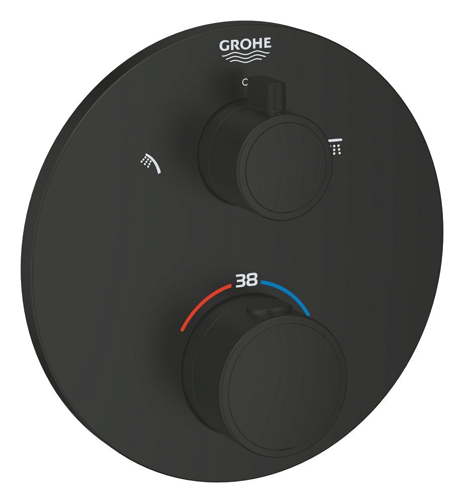 Grohe Grohtherm Thermostat-Brausebatterie 102208 mit integrierter 2-Wege-Umstellung, Fertigmontageset für Rapido SmartBox, rund (matt black)
