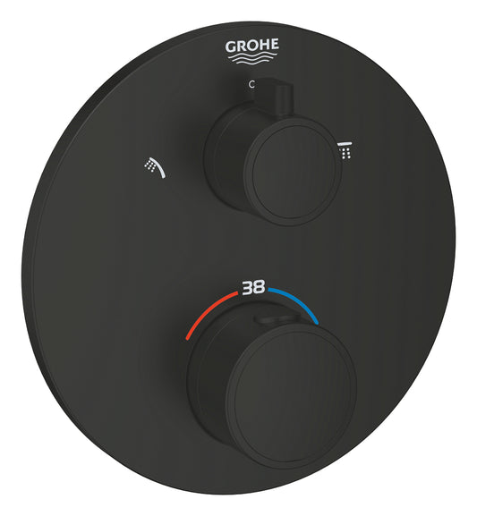 Grohe Grohtherm Thermostat-Brausebatterie 102208 mit integrierter 2-Wege-Umstellung, Fertigmontageset für Rapido SmartBox, rund (matt black)