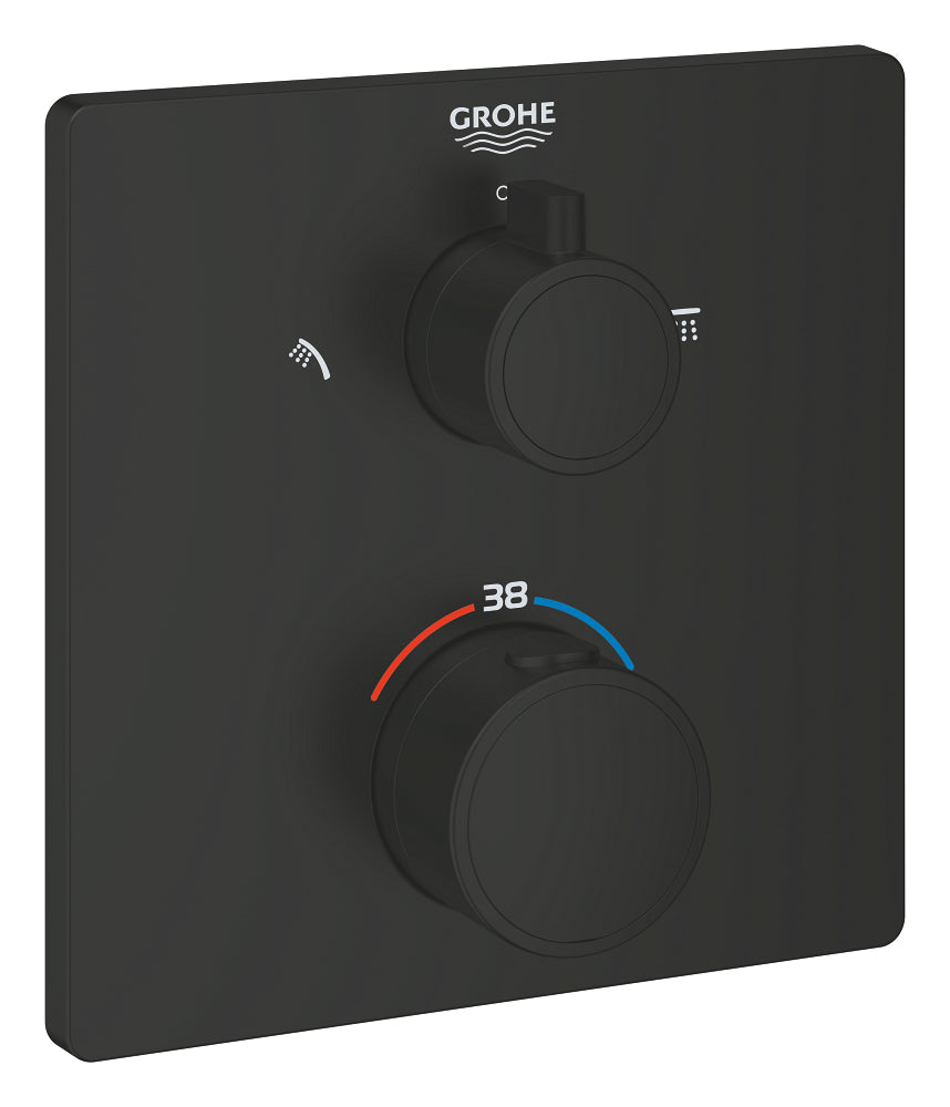 Grohe Grohtherm Thermostat-Brausebatterie 102209 mit integrierter 2-Wege-Umstellung, Fertigmontageset für Rapido SmartBox, eckig (matt black)