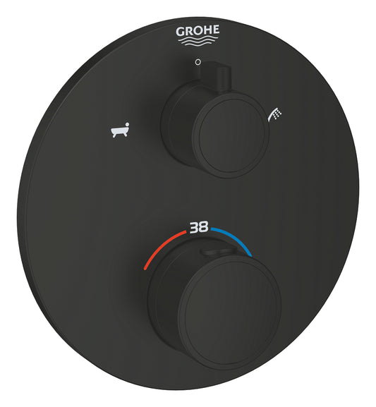 Grohe Grohtherm Thermostat-Wannenbatterie 102210 mit integrierter 2-Wege-Umstellung, Fertigmontageset für Rapido SmartBox, rund (matt black)