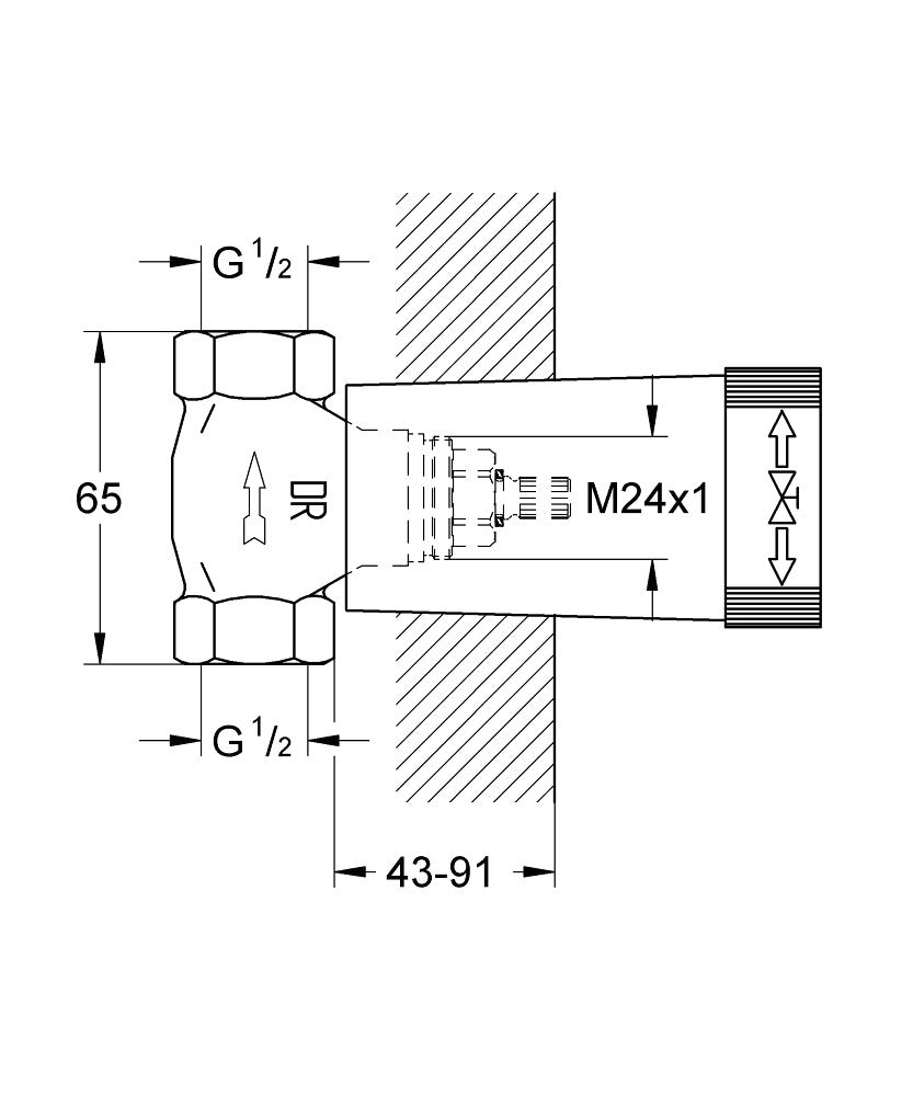 GROHE UP-Ventil-Unterteil 1/2" mit vormontiertem Oberteil, Einbautiefe 43–91 mm