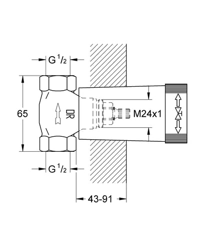 GROHE UP-Ventil-Unterteil 1/2" mit vormontiertem Oberteil, Einbautiefe 43–91 mm