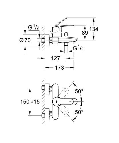 Grohe Eurostyle Cosmopolitan Einhand-Wannenbatterie 33591, Wandmontage (chrom)