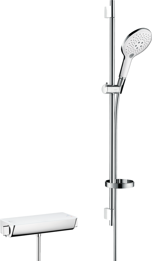Hansgrohe Raindance Select S Brausekombination 150 3jet mit Brausethermostat Ecostat Select und Brausestange 90 cm (weiß/chrom)