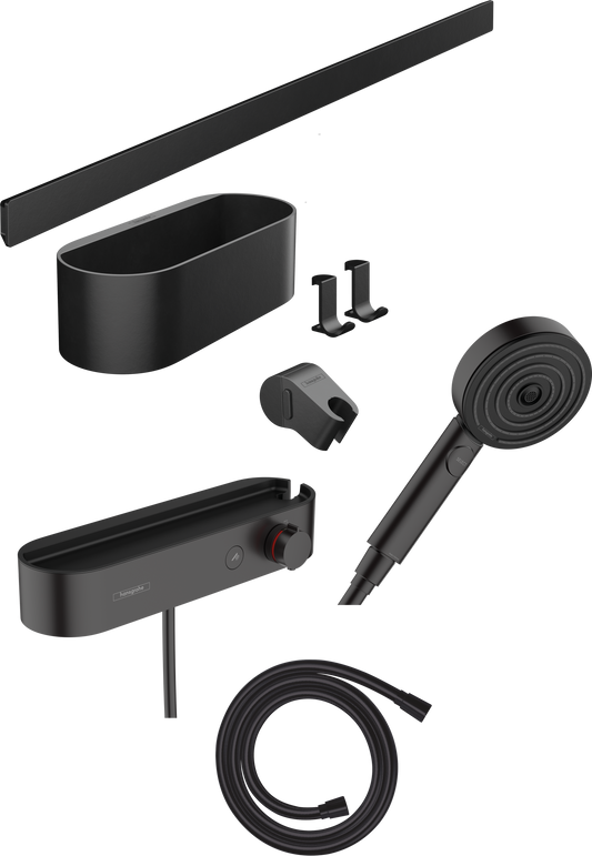 Hansgrohe WallStoris Brausesystem mit Handbrause 105 3jet und Brausethermostat ShowerTablet Select 400 (mattschwarz)
