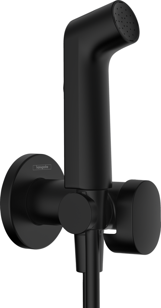 Hansgrohe Bidette S Handbrause für Warmwasser mit Absperrventil, Porter Brausehalter und Brauseschlauch 1250 mm (mattschwarz)