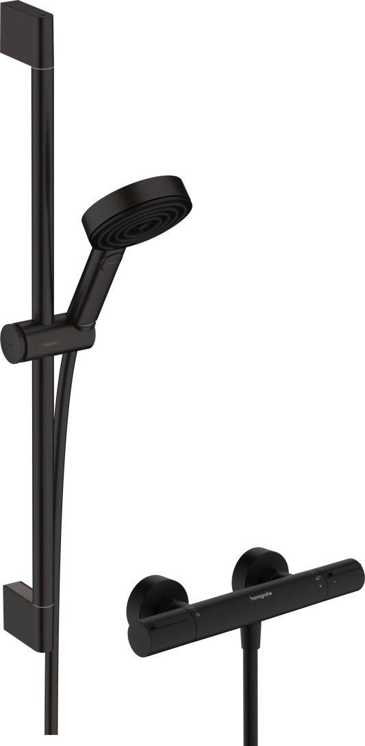 Hansgrohe Pulsify Select S Brausesystem 105 3jet Relaxation mit Thermostat Ecostat Element, Brausestange 65 cm (mattschwarz)