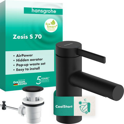 Hansgrohe Zesis S Waschtischmischer 70 CoolStart mit Zugstangen-Ablaufgarnitur (mattschwarz)