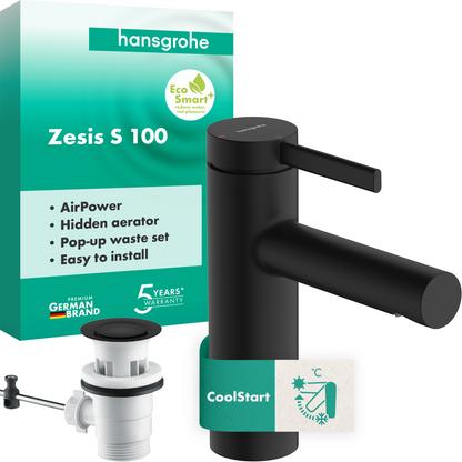 Hansgrohe Zesis S Waschtischmischer 100 CoolStart mit Zugstangen-Ablaufgarnitur (mattschwarz)