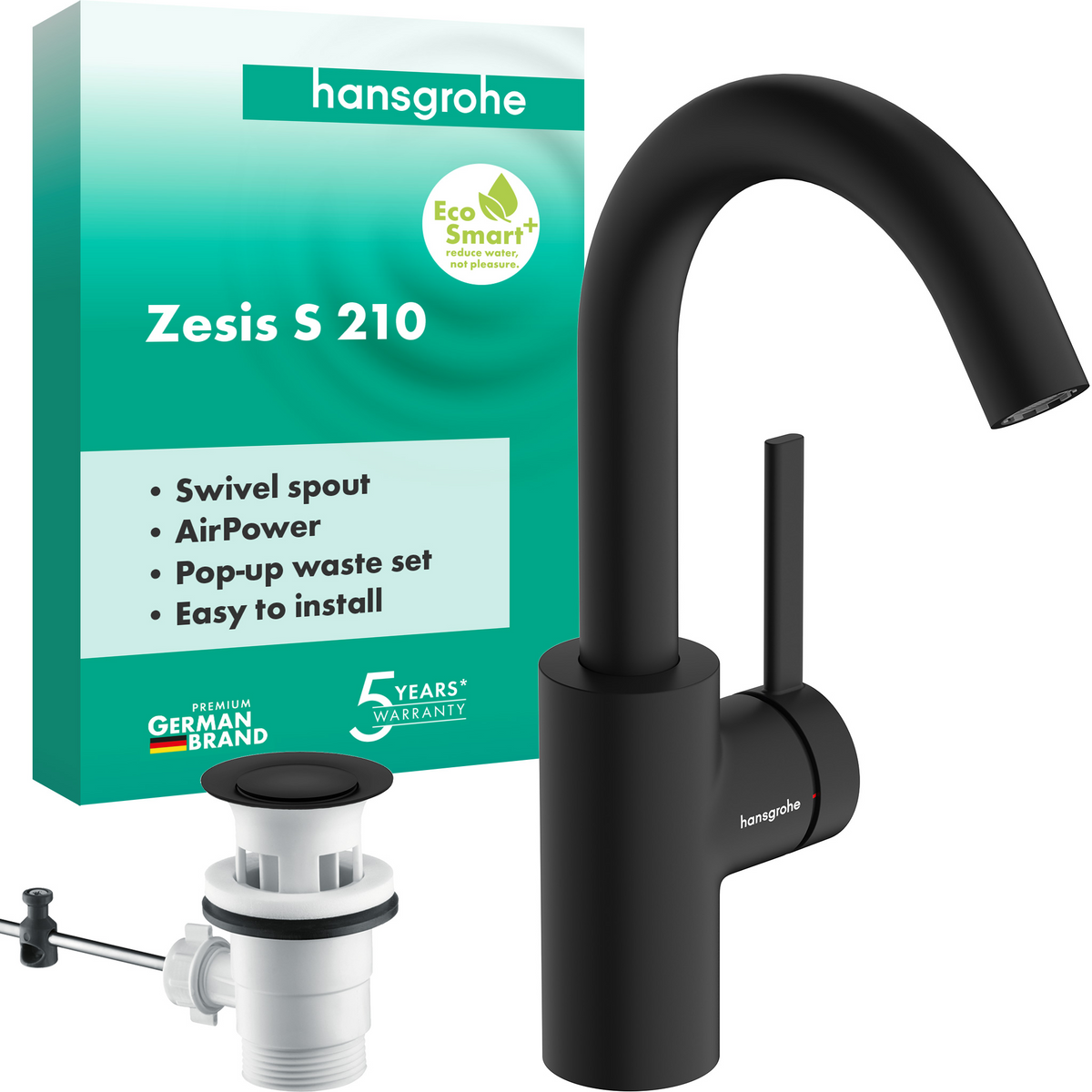 Hansgrohe Zesis S Waschtischmischer 210 mit Schwenkauslauf und Zugstangen-Ablaufgarnitur (mattschwarz)