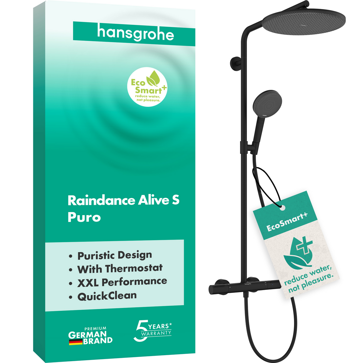 Hansgrohe Raindance Alive S Puro Showerpipe 300 1jet EcoSmart+ mit Brausethermostat Ecostat Element (mattschwarz)