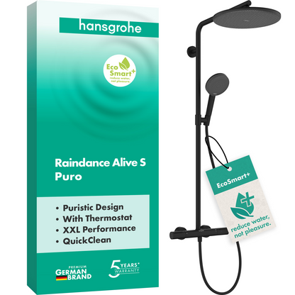 Hansgrohe Raindance Alive S Puro Showerpipe 300 1jet EcoSmart+ mit Brausethermostat Ecostat Element (mattschwarz)