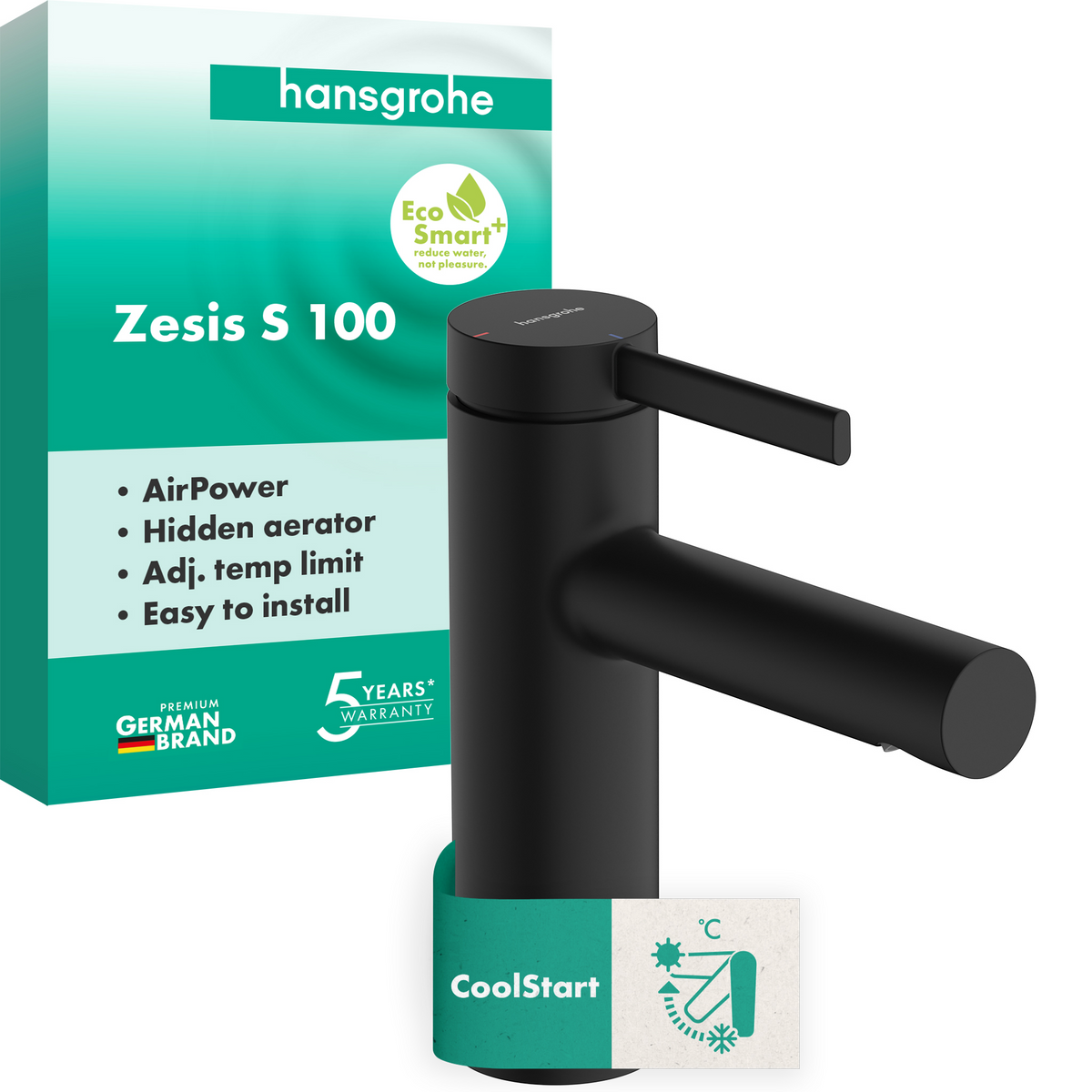 Hansgrohe Zesis S Waschtischmischer 100 CoolStart mit Zugstangen-Ablaufgarnitur (mattschwarz)