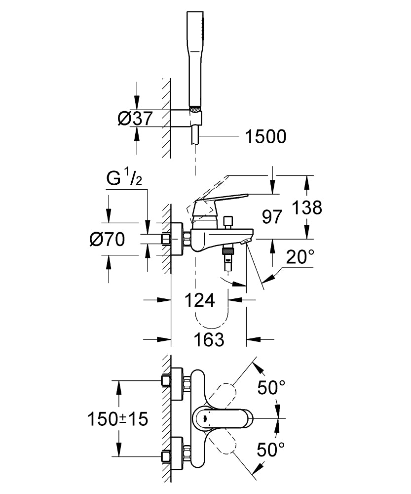 Grohe Eurosmart Cosmopolitan Einhand-Wannenbatterie 32832, Wandmontage, mit Brausegarnitur (chrom)
