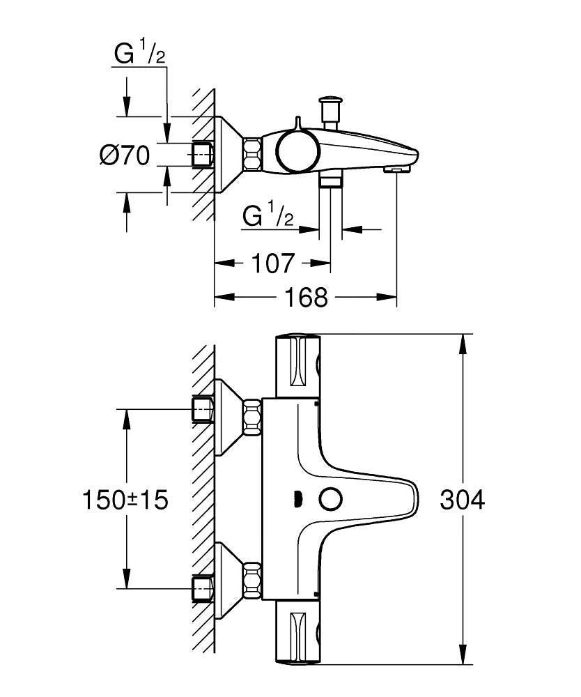 Grohe Thermostat-Wannenbatterie Grohtherm 800 Wandmontage eigensicher (chrom)