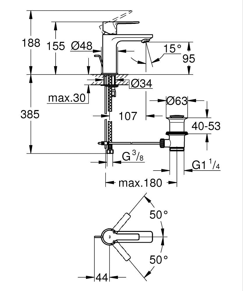 Grohe Lineare Einhand-Waschtischbatterie 23790, XS-Size, Mittelstellung kalt, mit Zugstangen-Ablaufgarnitur (cool sunrise gebürstet)
