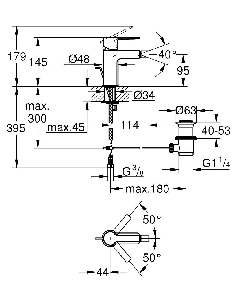 Grohe Lineare Einhand-Bidetbatterie 33848 mit Zugstangen-Ablaufgarnitur (supersteel)