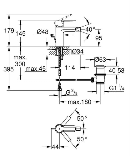 Grohe Lineare Einhand-Bidetbatterie 33848 mit Zugstangen-Ablaufgarnitur (supersteel)