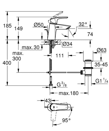 Grohe Eurosmart Einhand-Waschtischbatterie 23969, S-Size, geneigte Version, Mittelstellung kalt, mit Zugstangen-Ablaufgarnitur (matt black)