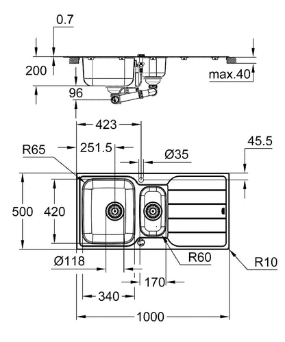 Grohe K500 Edelstahlspüle 31572 mit 1,5 Becken und Abtropffläche, 1000 x 500 mm