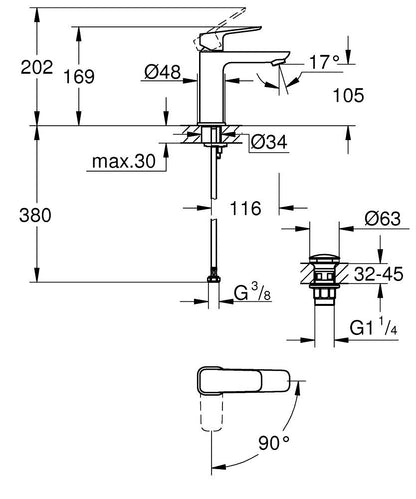 Grohe Cubeo Einhand-Waschtischbatterie 101757, M-Size, Mittelstellung kalt, mit Push-open Ablaufgarnitur (matt black)