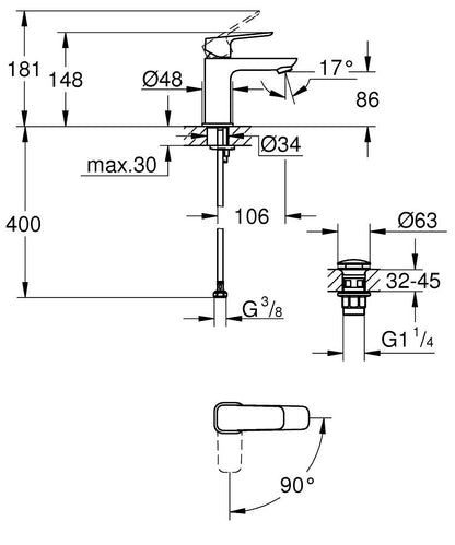 Grohe Cubeo Einhand-Waschtischbatterie 101732, S-Size, Mittelstellung kalt, mit Push-open Ablaufgarnitur (matt black)