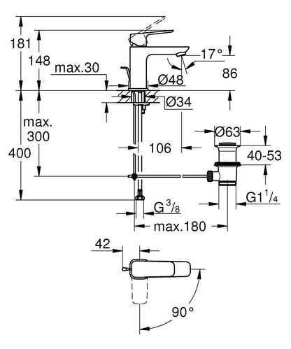 Grohe Cubeo Einhand-Waschtischbatterie 101731, S-Size, Low Flow, Mittelstellung kalt, mit Zugstangen-Ablaufgarnitur (chrom)