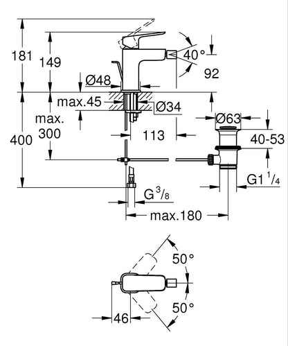 Grohe Cubeo Einhand-Bidetbatterie 101810 mit Zugstangen-Ablaufgarnitur (chrom)
