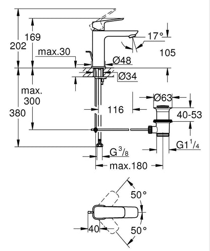 Grohe Cubeo Einhand-Waschtischbatterie 101749, M-Size, mit Zugstangen-Ablaufgarnitur (matt black)