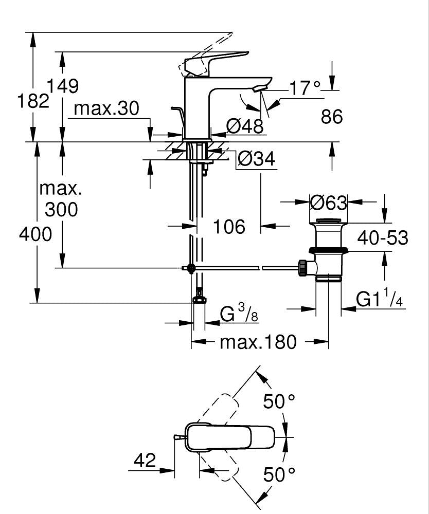 Grohe Cubeo Einhand-Waschtischbatterie 101694, S-Size, mit Zugstangen-Ablaufgarnitur (chrom)