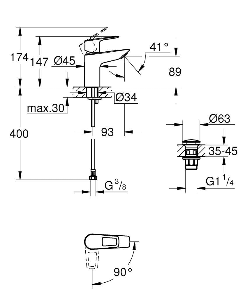 GROHE BauLoop Einhand-Waschtischbatterie 23883, S-Size, Mittelstellung kalt, mit Push-open Ablaufgarnitur (chrom)