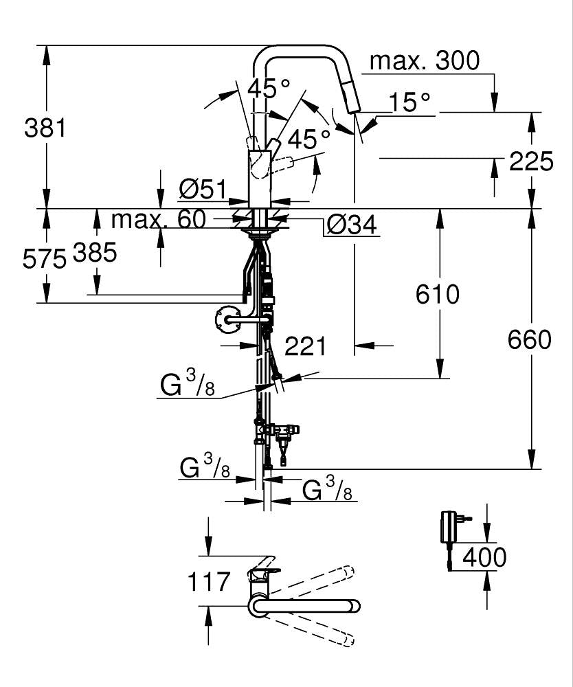 Grohe Eurosmart Hybrid-Spültischbatterie 1012350 mit Infrarot-Elektronik und herausziehbarem Auslauf (chrom)