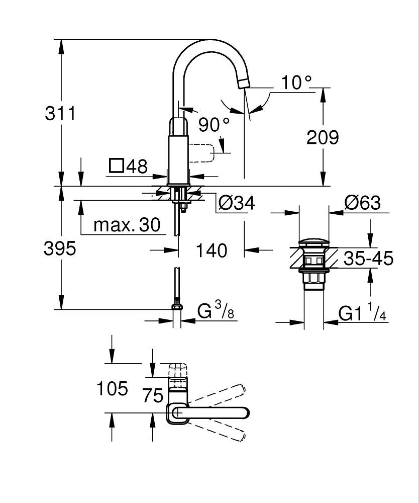 Grohe Cubeo Einhand-Waschtischbatterie 101771, L-Size, Mittelstellung kalt, mit Push-Open Ablaufgarnitur (matt black)
