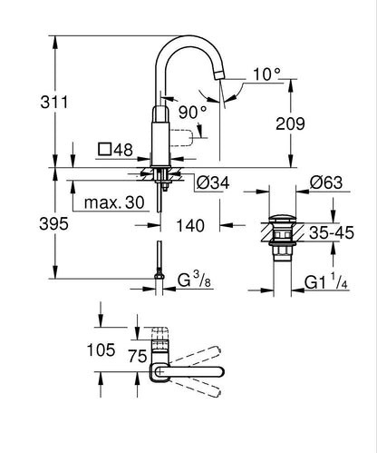 Grohe Cubeo Einhand-Waschtischbatterie 101771, L-Size, Mittelstellung kalt, mit Push-Open Ablaufgarnitur (matt black)