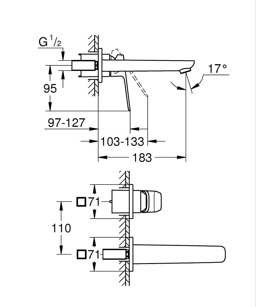 Grohe Cubeo 2-Loch-Waschtischbatterie 101788, Wandmontage, Fertigmontageset für 23200, Ausladung 183 mm (chrom)