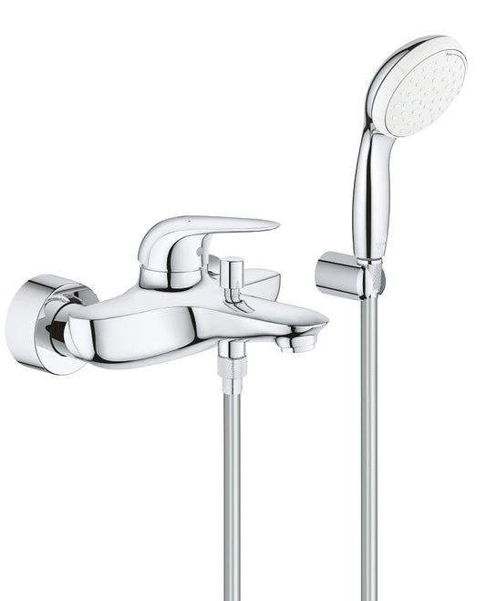 Grohe Eurostyle Einhand-Wannenbatterie 23729, Wandmontage, geschlossener Hebelgriff, mit Brausegarnitur (chrom)