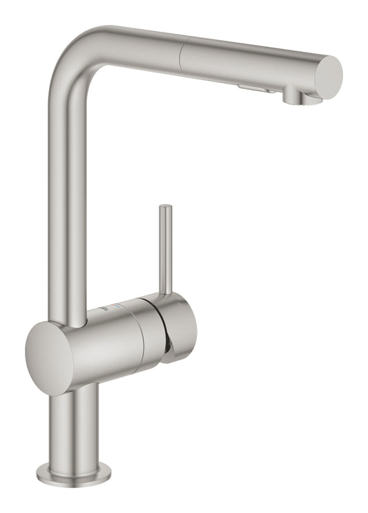 Grohe Minta Einhand-Spültischbatterie 30274, L-Auslauf, herausziehbare Dual-Spülbrause (supersteel)