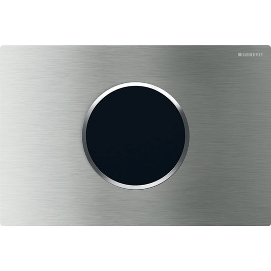 Geberit WC-Steuerung elektronisch, Netzbetrieb, mit Sigma10 Betätigungsplatte, rund, berührungslos, verschraubbar, 2-Mengen-Spülung (Edelstahl gebürstet/poliert)